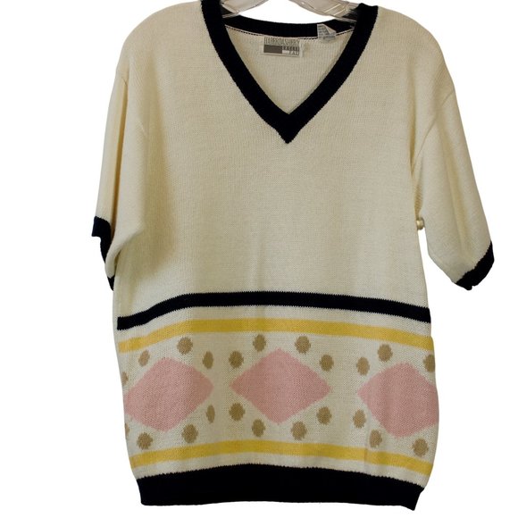 Haberdashery(Leslie Fay) Sweaters - Haberdashery (Leslie Fay), Size L, White/ Lower Pastel Striped V-Neck Sw…